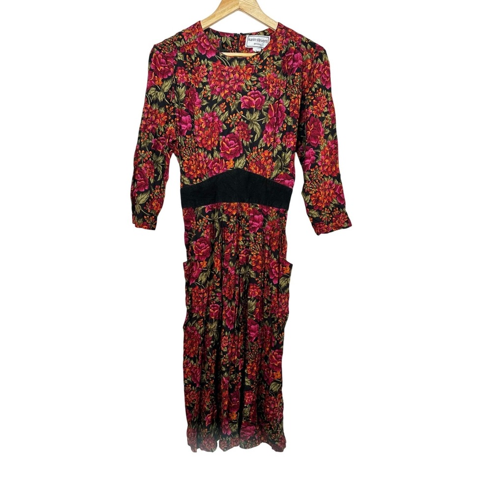 KARIN STEVENS Vintage 80's dark floral midi dress womans petite 12